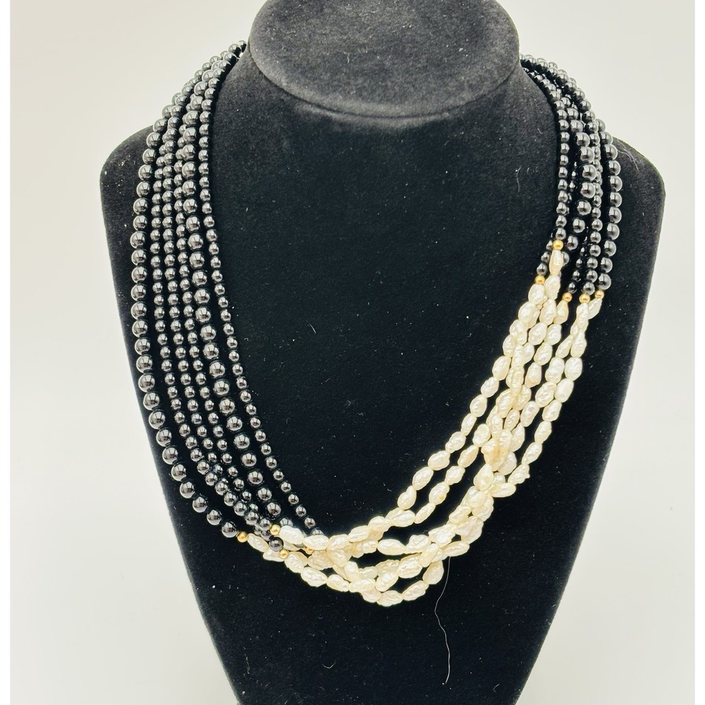 Multi Strand Freshwater Pearl Necklace Black Bead Silver Clasp Statement